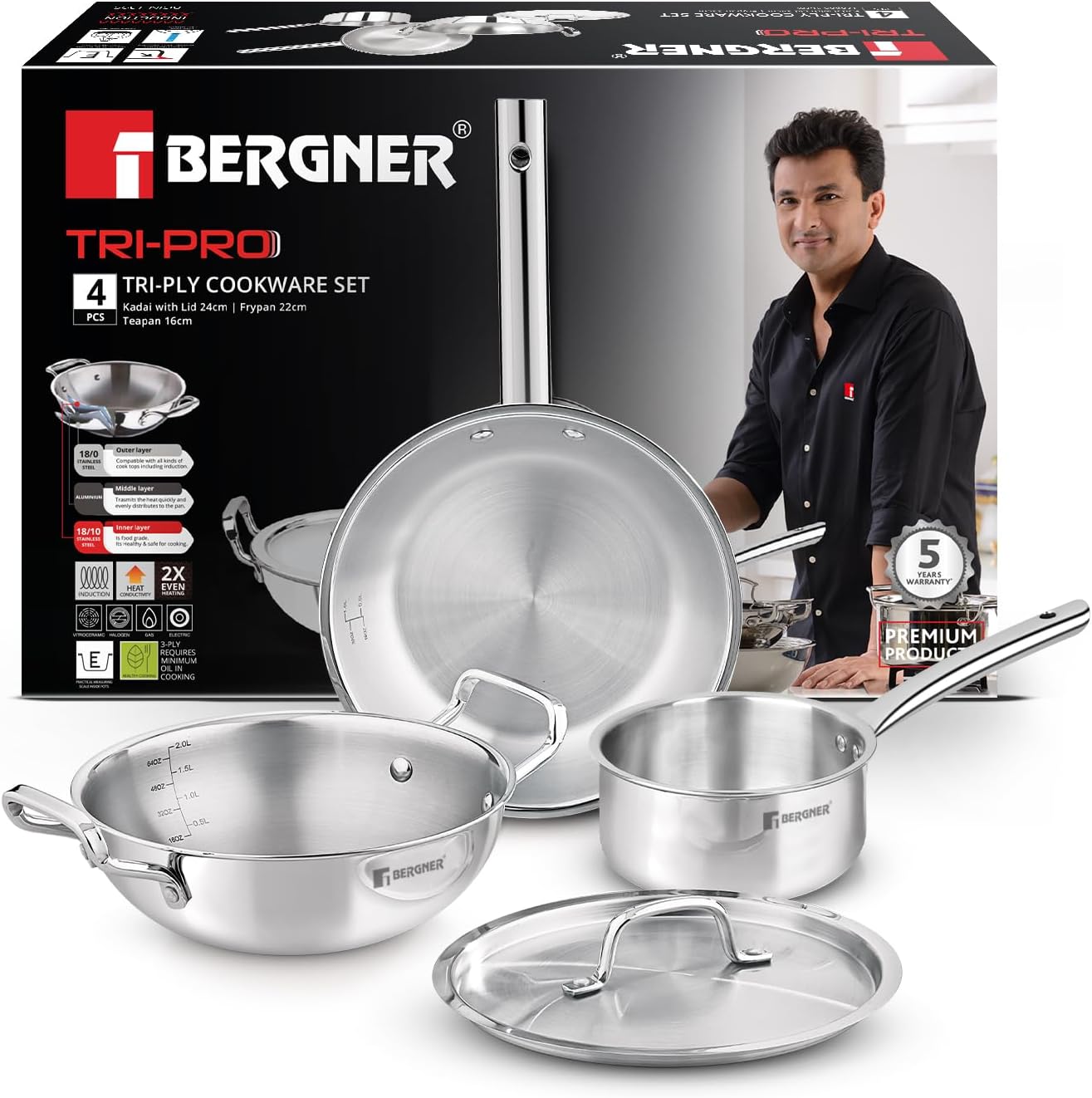 - Bergner Tripro Triply Stainless Steel 4 Pc Cookware Set, 24 cm Indian Wok/Kadai with Lid, 22 cm Frypan, 16 cm Tea Pan, Even and Fast Heating, Induction Bottom, Gas Ready, Silver
