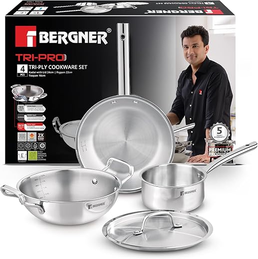 Bergner Tripro Triply Stainless Steel 4 Pc Cookware Set, 24 cm Indian Wok/Kadai with Lid, 22 cm Frypan, 16 cm Tea Pan, Even and Fast Heating,…