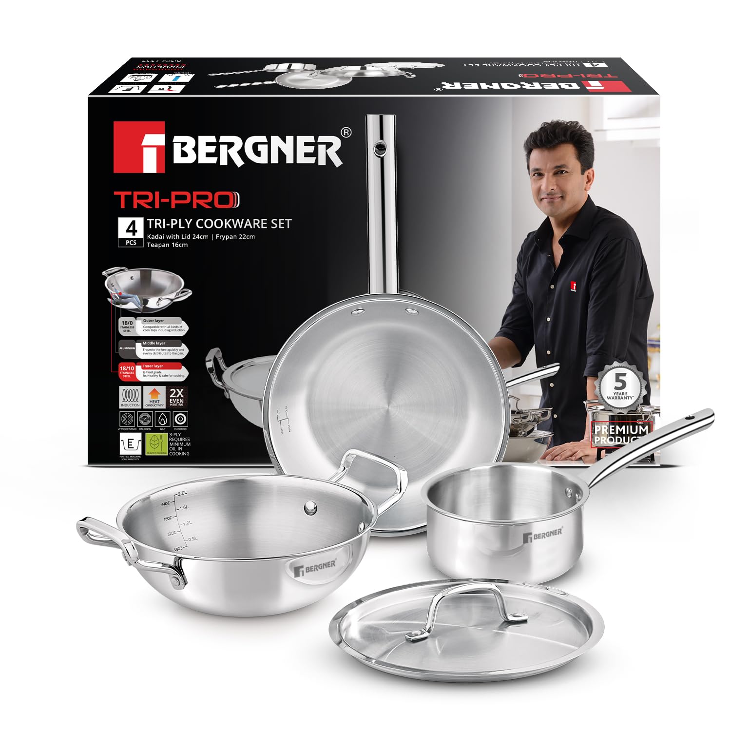 Bergner Tripro Triply 12 cm Tadka Pan, 0.5 L Capacity, For Spice Tempering/Seasoning, Stay Cool Long Handle, Laser-Etched Scale, Multi-Layer Polished Finish, Induction & Gas Compatibility,