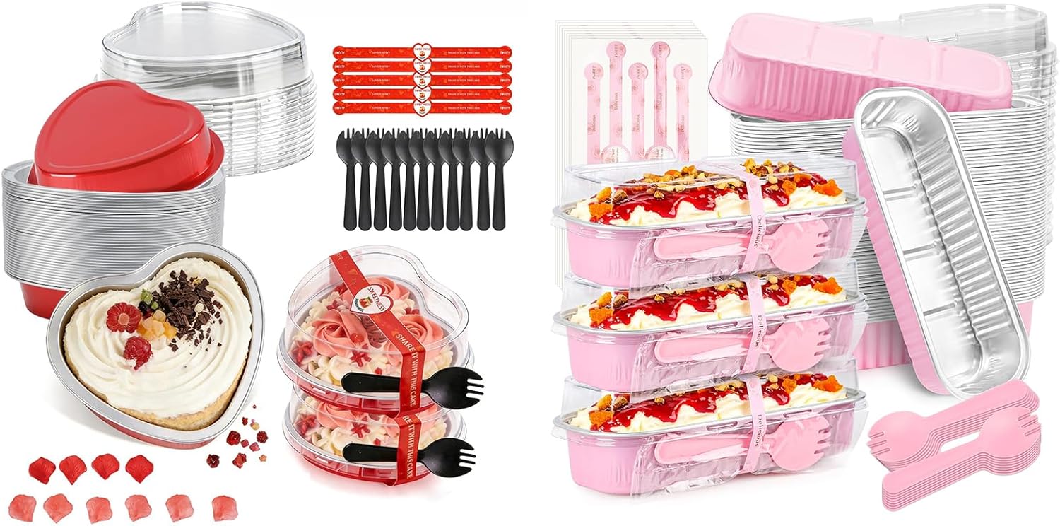 Bundle of 20 PACK Valentines Gifts Heart Shaped Cake Pans with Lids 9oz and 60 Pack Mini Loaf Pans with Lids for Parties, Weddings, Birthdays, Home Bakery