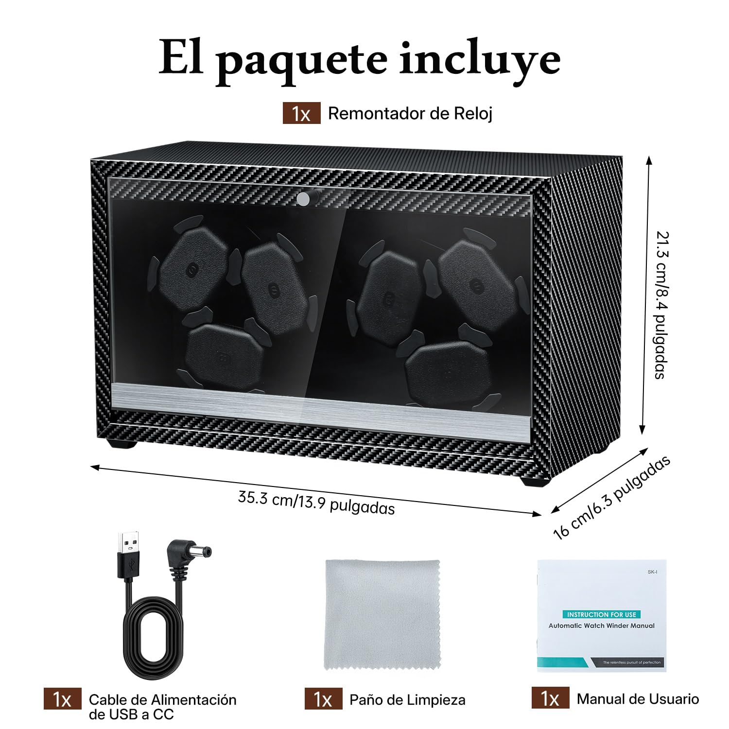 Mcbazel Enrollador Automático de Relojes para 6 Relojes con Luz LED, Motor Ultra-Silencioso Cajas Giratorias 4 Modos de Rotación, Alimentación USB DC Watch Winder de hasta 45 mm