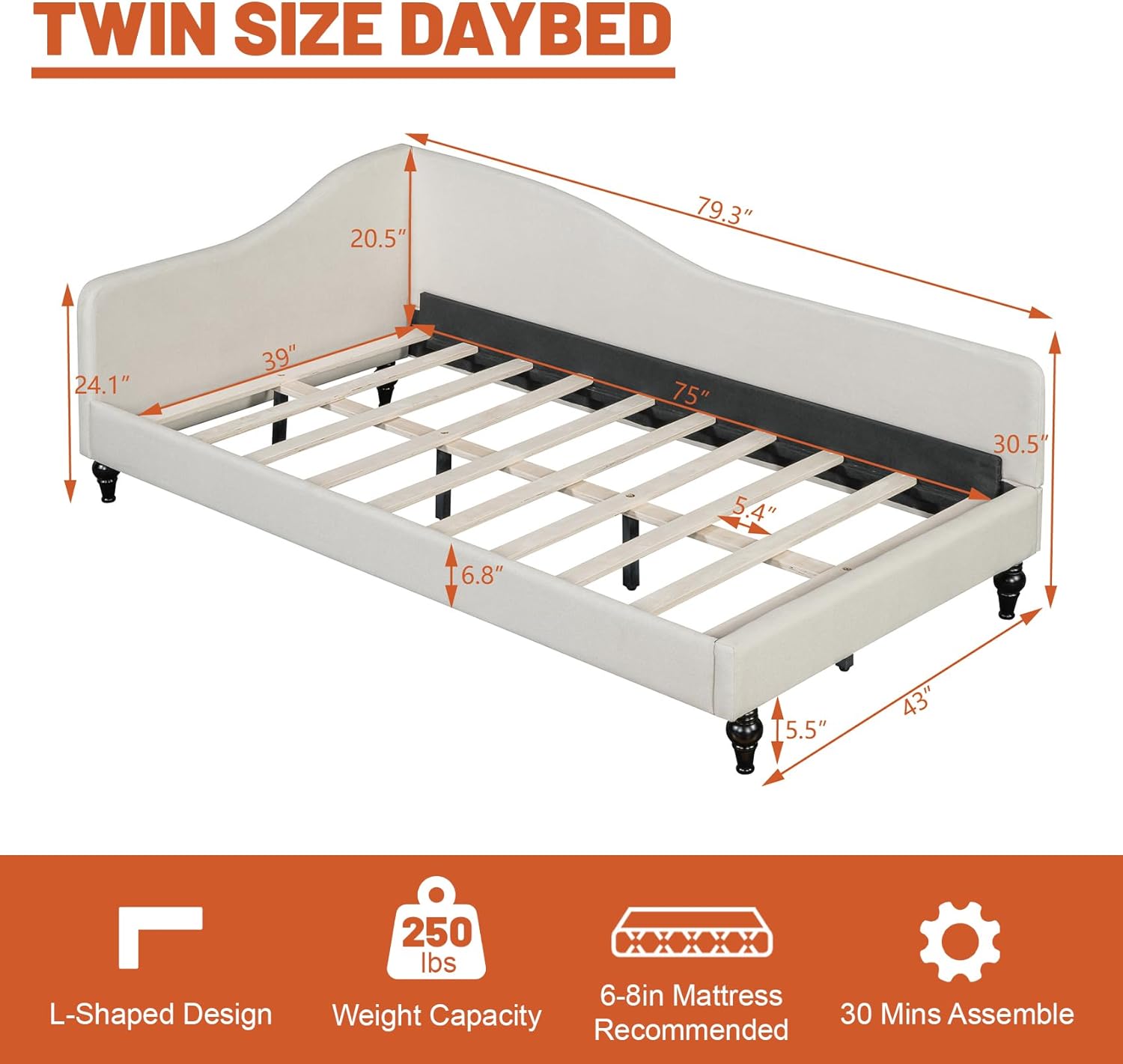 Twin Size Upholstered Daybed L-Shaped Linen Sleeper Sofa Bed with Solid Wood Legs Corner Day Bed Frame for Living Room Bedroom Guestroom, Beige