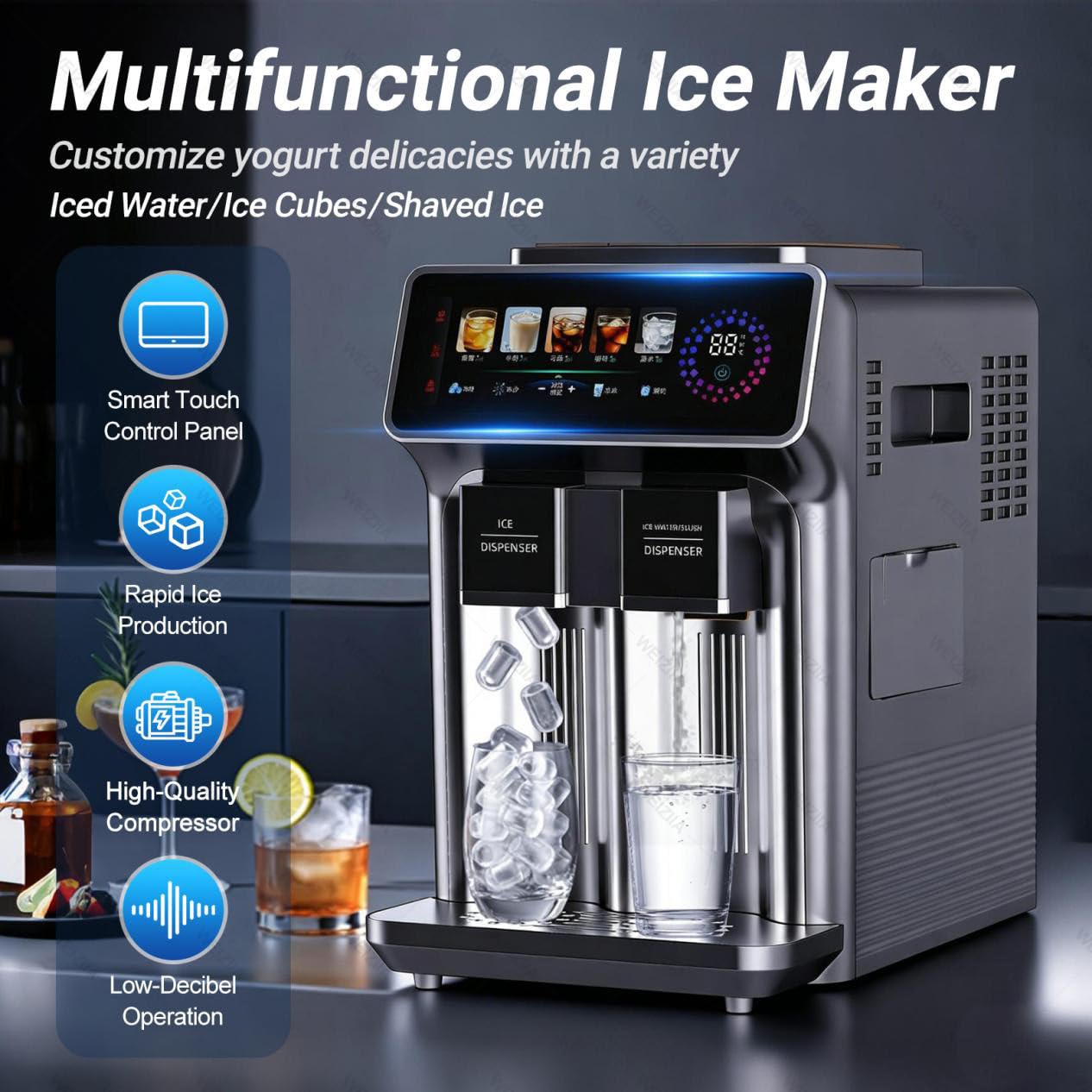 Macchina per il ghiaccio Nugget da banco, 3 in 1 con dispenser per frullati e acqua, 12 cubetti di ghiaccio in 6-10 minuti, produce 15 kg in 24 ore, modalità di riempimento automatico dell'acqua Black