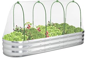 POTEY Raised Garden Bed with Greenhouse Galvanized Planter Box for Outdoor Gardening
