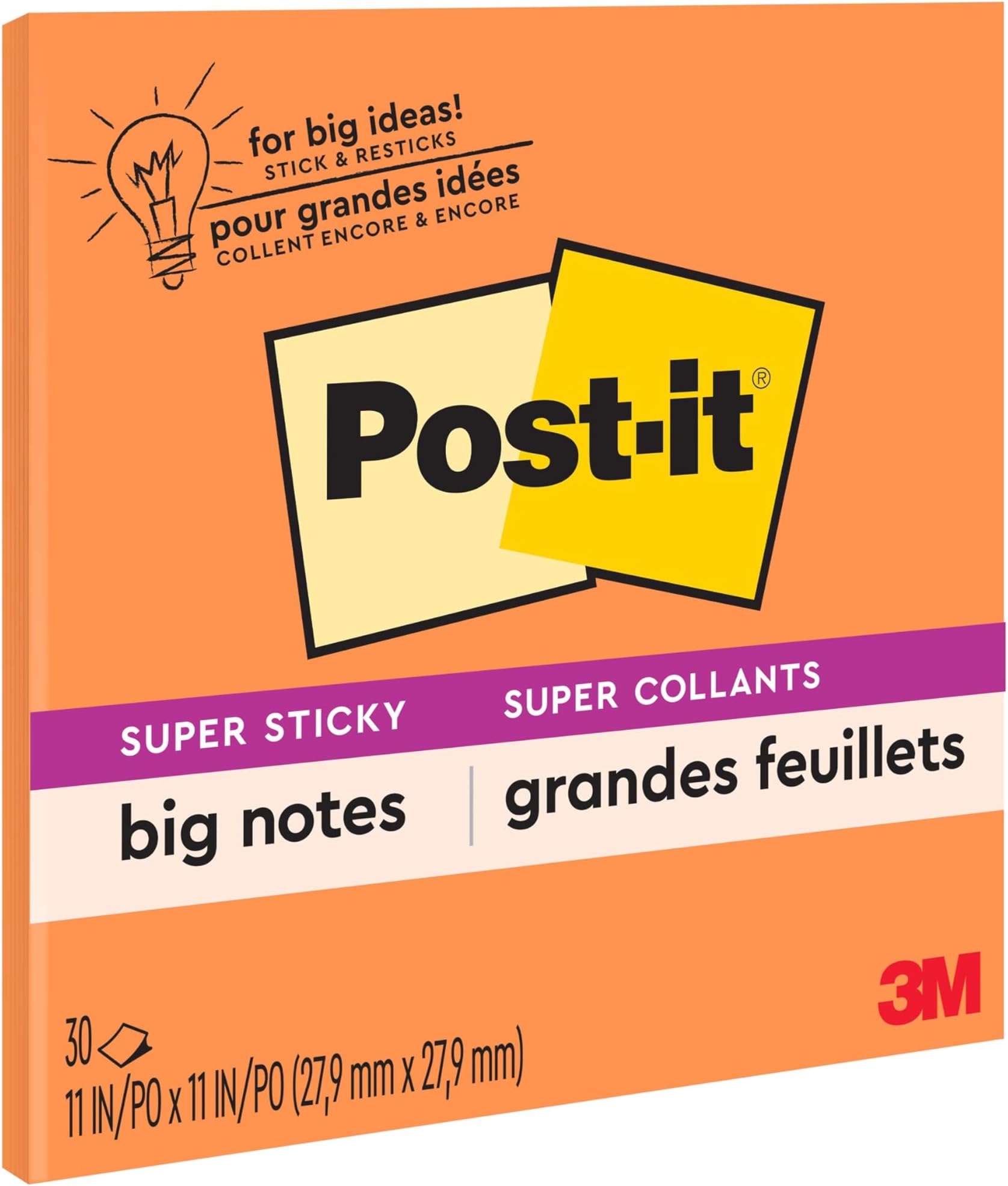 Super Sticky Big Notes, 11 in. x 11 in., Extra Large Sticky Notes Neon Orange, 1 Pad, 30 Sheets, Great for Vision Boards, Creative Projects, Study Spaces, Group Brainstorming, and More