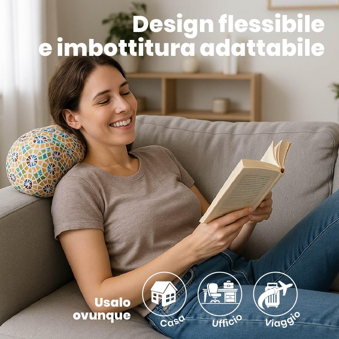 Cuscino Rotondo Anti-Stress Relax | Sollievo per Collo e Lombare | Riempimento con Microperle Confortevoli | Tessuto in Lycra Morbida al Tatto | Lavabile in Lavatrice | 35x15 cm(Mosaico)