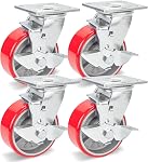 Nefish 5 Inch Industrial Casters Set of 4, Heavy Duty Casters with Brake 4000 Lbs, No Noise Polyurethane Wheel on Steel Hub, Swivel Plate Caster Wheels for Toolbox Workbench (4 Swivel & Brakes)