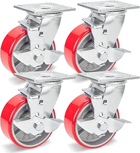 Nefish 5 Inch Industrial Casters Set of 4, Heavy Duty Casters with Brake 4000 Lbs, No Noise Polyurethane Wheel on Steel Hub, Swivel Plate Caster Wheels for Toolbox Workbench (4 Swivel & Brakes)