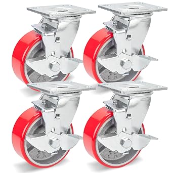 Nefish 5 Inch Industrial Casters Set of 4, Heavy Duty Casters with Brake 4000 Lbs, No Noise Polyurethane Wheel on Steel Hub, Swivel Plate Caster Wheels for Toolbox Workbench 4 Swivel & Brakes