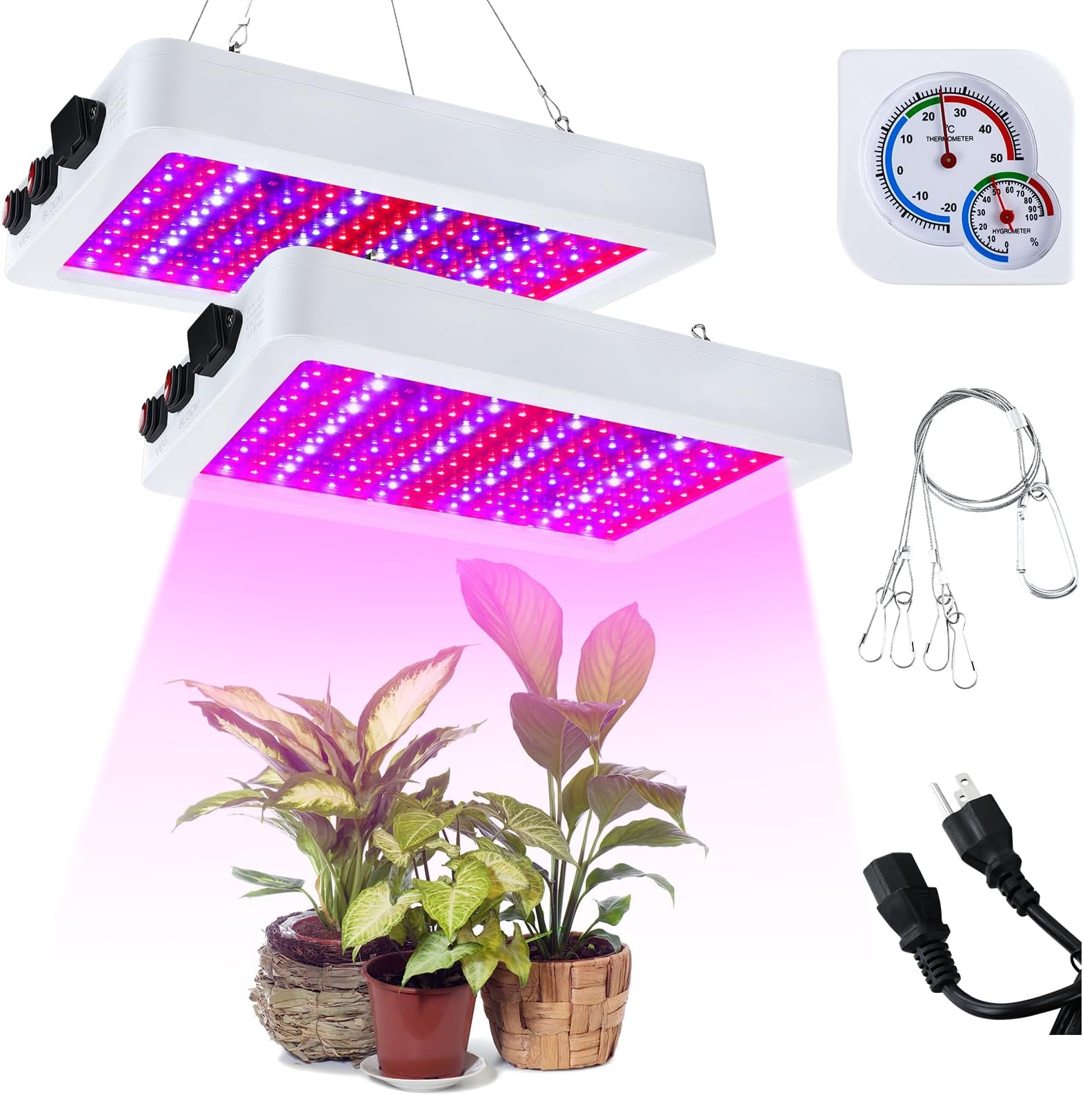 Supervitae 2 Pack 1000 Watt LED Grow Lights for Indoor Plants Full Spectrum Growing Tent Lamps Veg Seedling Bloom All Growth Stages with Temperature Hygrometer & Hanging Kit for Vegetable Flower