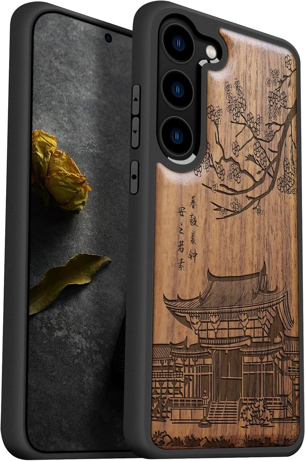 Carveit Wood Case for Galaxy S23 Case [Natural Wood & Black Soft TPU] Shockproof Protective Cover Unique Wooden Design Compatible with Samsung S23 (Traditional Temple-Walnut)