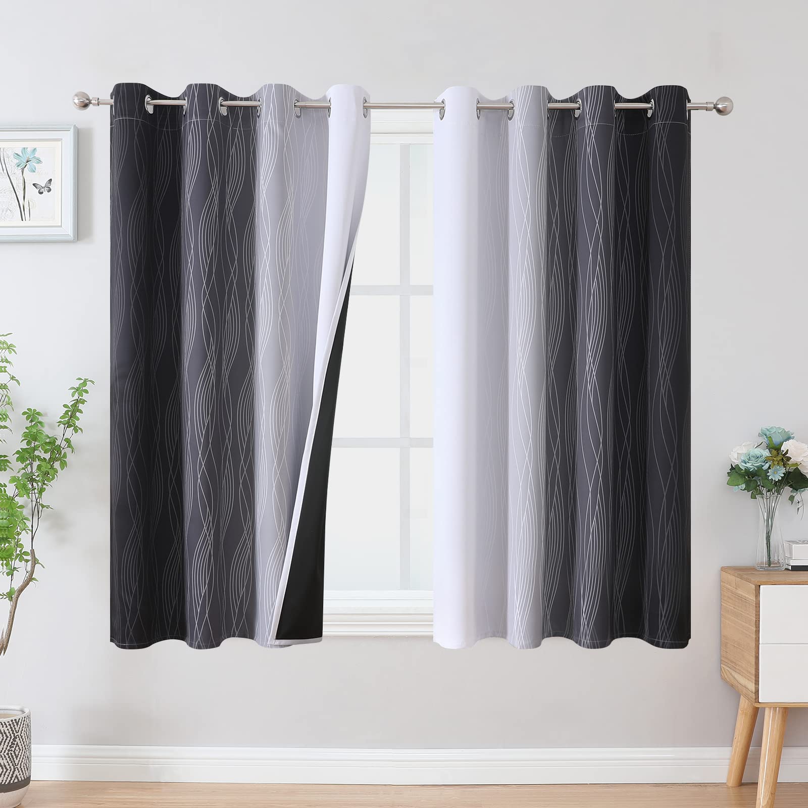 Estelar Textiler Ombre Greyish White and Black Blackout Curtains &amp; Drapes 54 Inch Length 2 Panels for Bedroom, Thermal Insulated Full Light Blocking Grommet Blackout Drapes for Bathroom, 52Wx54L