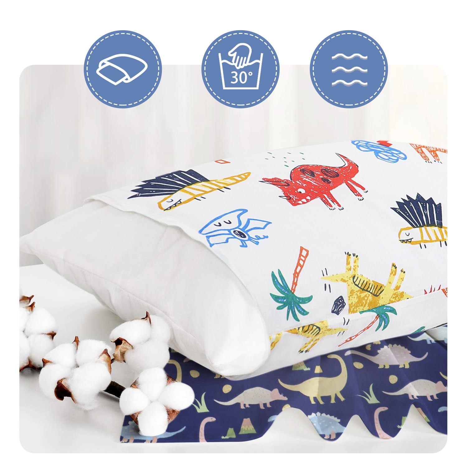 Juego de 2 fundas de almohada para niños, 100 % algodón, 40 x 60 cm, funda de almohada suave y transpirable, para niños y niñas, funda de almohada de bebé con sobre