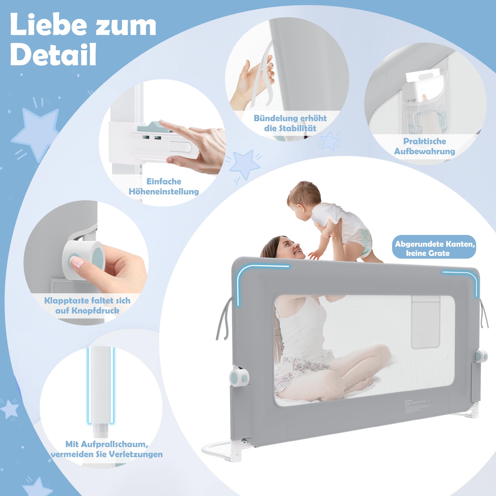 LZQ Zanzariera per letto per bambini, pieghevole, protezione contro le cadute, protezione dal letto, per bambini, protezione contro le cadute (grigio chiaro, 180 cm)