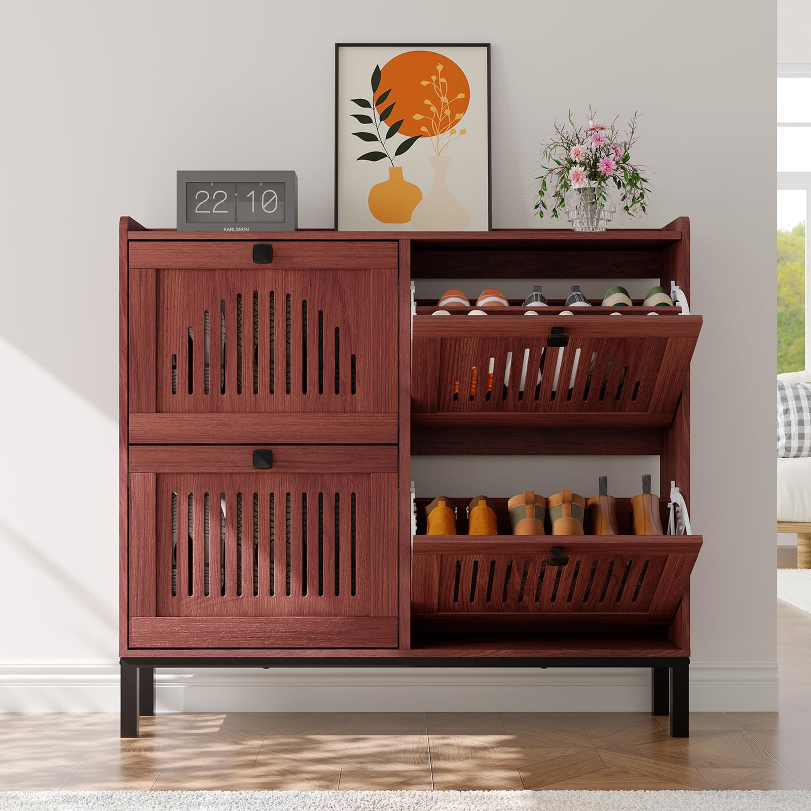 Schmaler Schuhschrank mit 4 Klappfächern - verstellbare Einlegeböden - Kippschutz - belüftete Front - großer Stauraum, freistehend für Flur/Diele - Farbe: Walnut