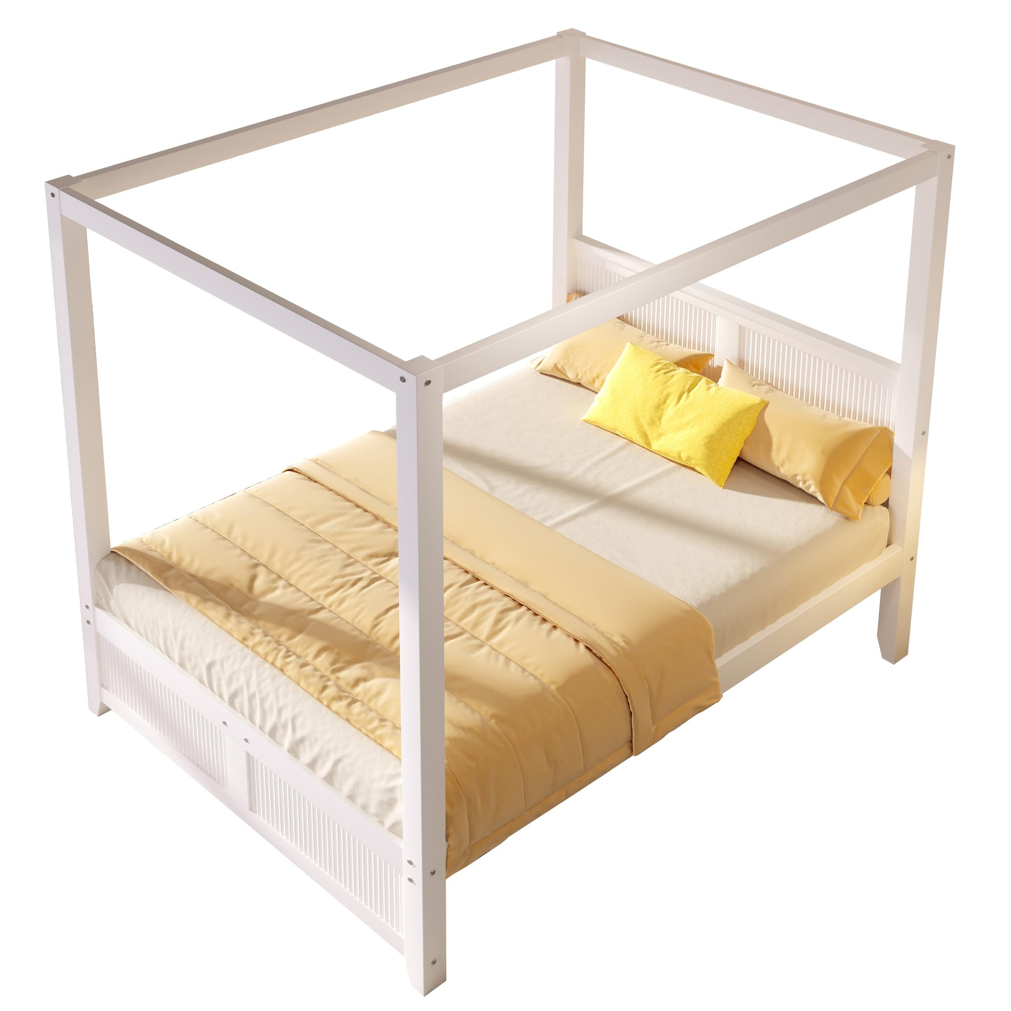 Himmelbett 140x200 cm aus Holz mit dekorativem Dachrahmen und vertikalen Lamellen am Kopf- und Fußteil, Weiß