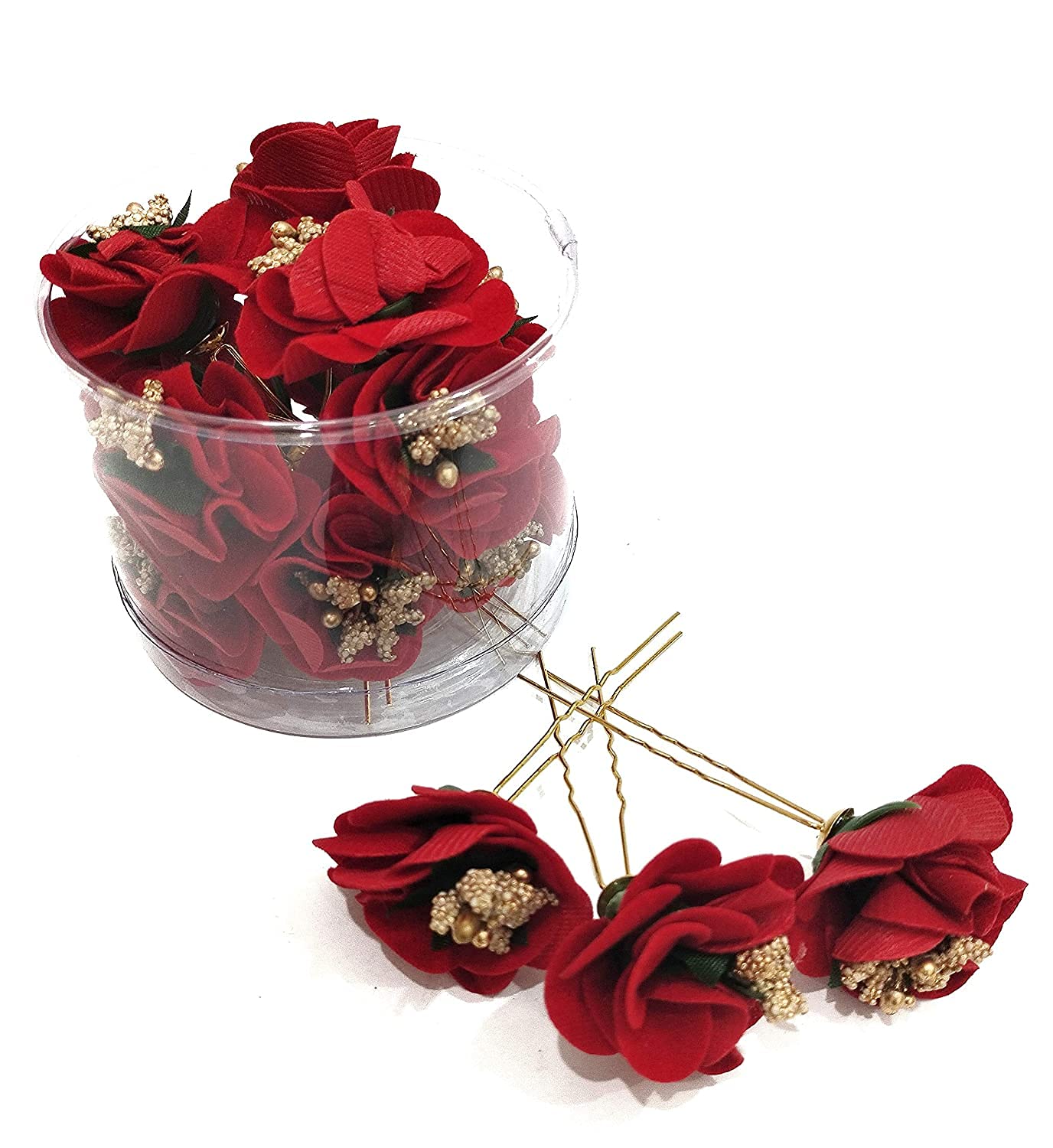 Rubela Sonpal Hair Flower Fancy Bun Metal Bobby U Shape Jura Pins for Bun Decoration for Women and Girls (Pack Of 12, Red Rose) 1