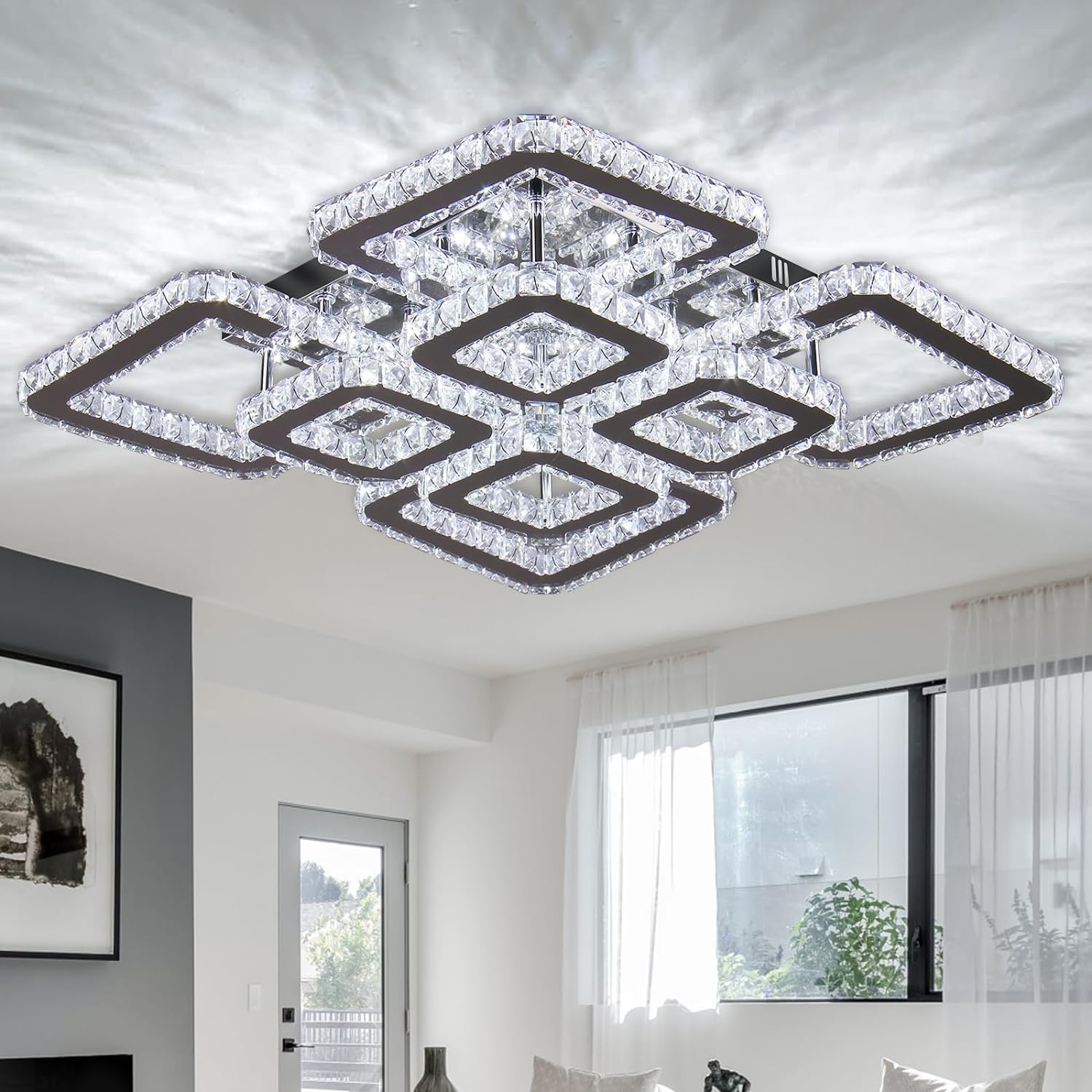 20" Square Crystal Led Flush Mount Ceiling Light - 8 Lights Modern Chandelier for Living Room, Bedroom & Dining Room Cool White 6500K