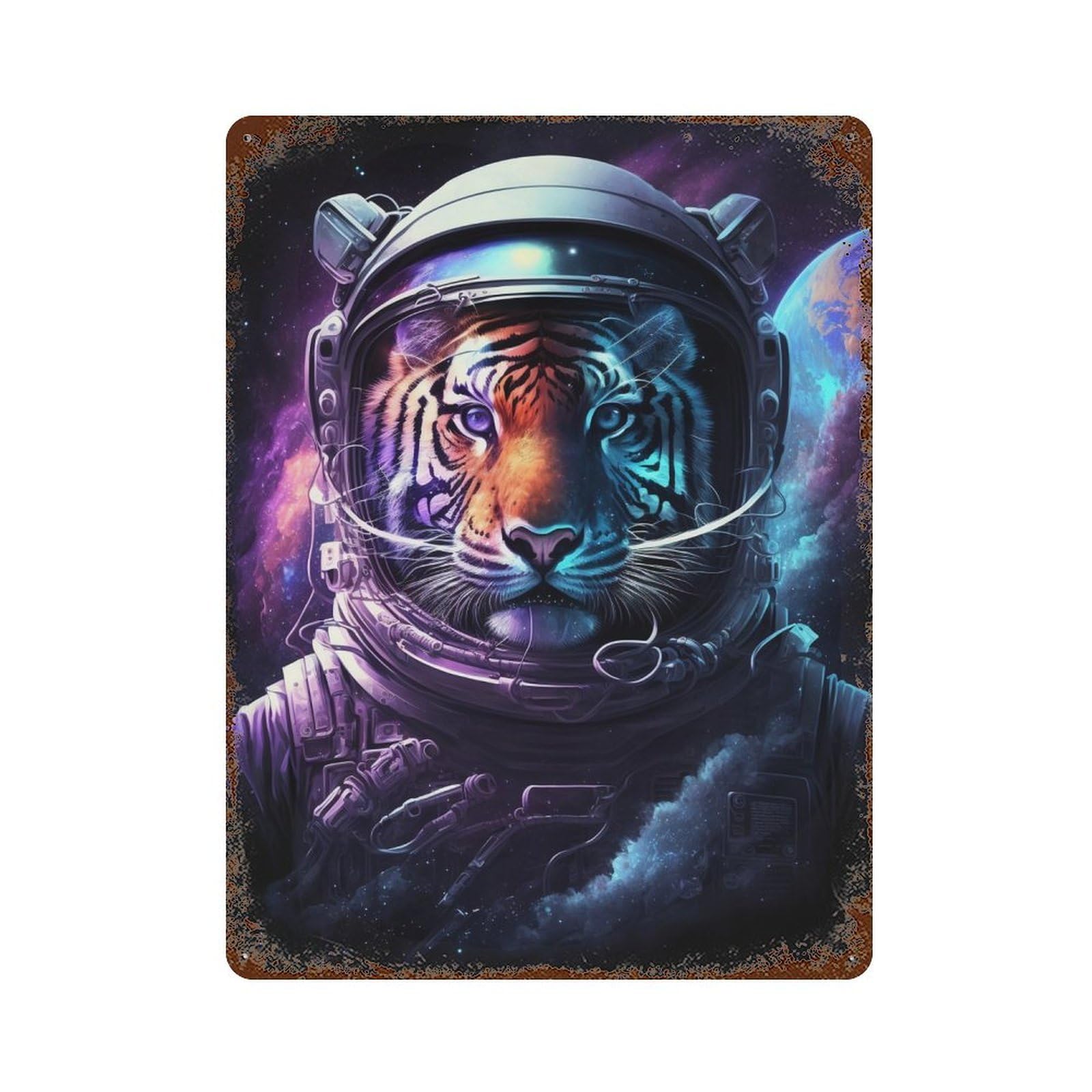 Tiger Astronaut in Space 15.7"x11.8" Vintage Rust Metal Sign, Shabby Chic Decor for Cafe, Home Bar And Lounge Decor