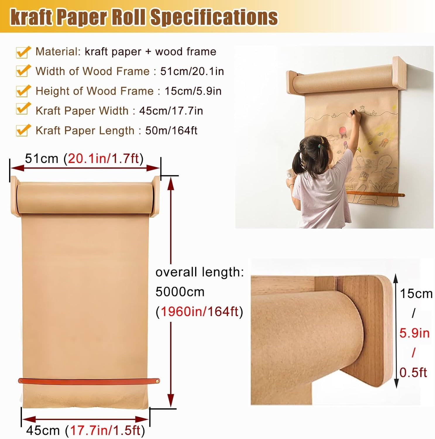 Drewniany uchwyt na rolkę papieru kraft, uchwyt dozownika na rolkę papieru studyjnego, z papierem kraft o długości 50 m(51cm/20in Wide)