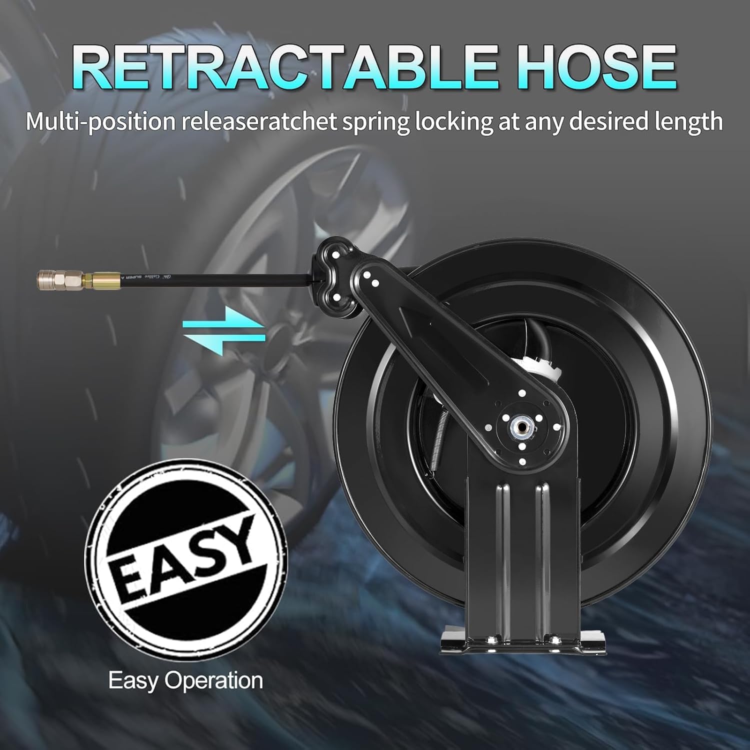 Double Arm Air Hose Reel Retractable, 3/8" x 65' Hybrid Hose Heavy Duty Steel Air Compressor Hose Reel Wall Mount with 5 ft Lead in, 300PSI, Brass Fittings, Auto Rewind (3/8" 65FT)
