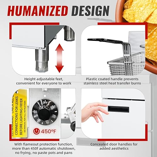 Miniatura 4 de Freidora Profunda Comercial - Freidora de Gas Natural de 3 Quemadores CSA, Capacidad de 35-40 libras, Termostato Ajustable de 90,000 BTUh 200F-400F,
