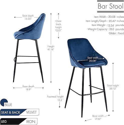 Miniatura 2 de Porthos Home Ugo - Juego de 2 taburetes de bar, respaldo bajo de apoyo y reposabrazos en tapicería de terciopelo suave y patas de hierro resistentes