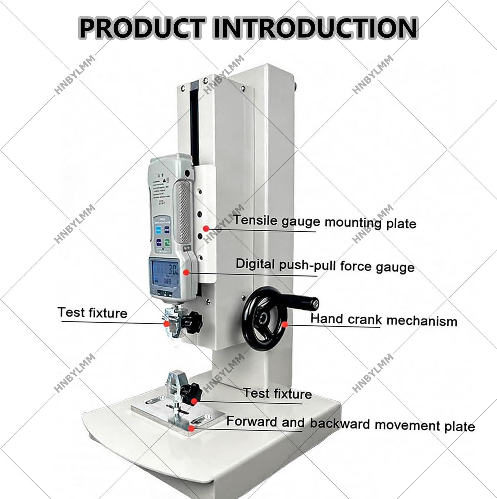 Digitale Zugprüfmaschine, 10-500 N Manueller Kraftmessständer, 300 mm Hub, mit 2 Prüfklemmen, Ausgabefunktion, LCD-Display, für Zug-, Druck- und zerstörende Prüfungen 500N