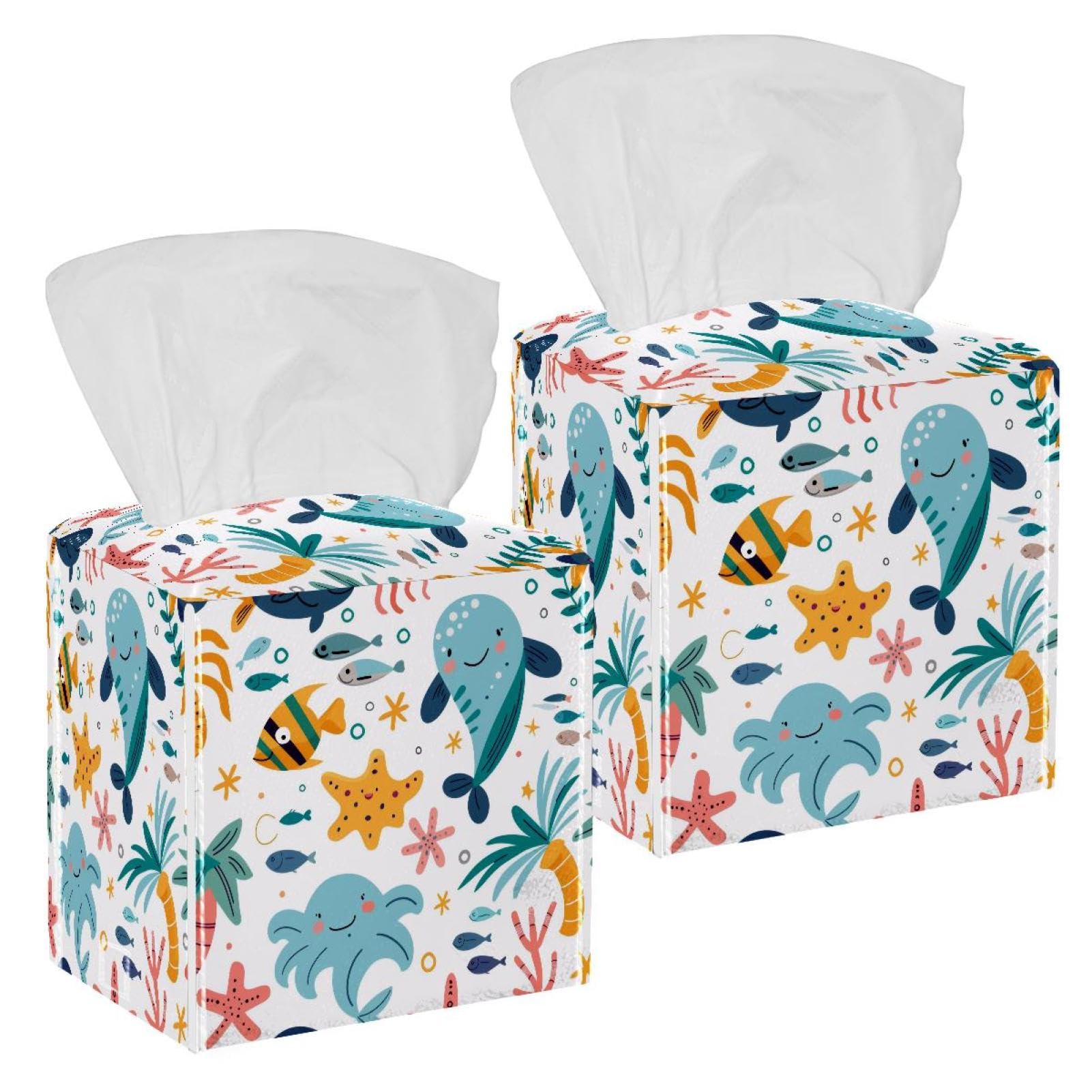 Whale Octopus Tissue Box Cover, 2 Pack PU Leather Square Facial Tissue Dispenser Box holder for Home Office Car