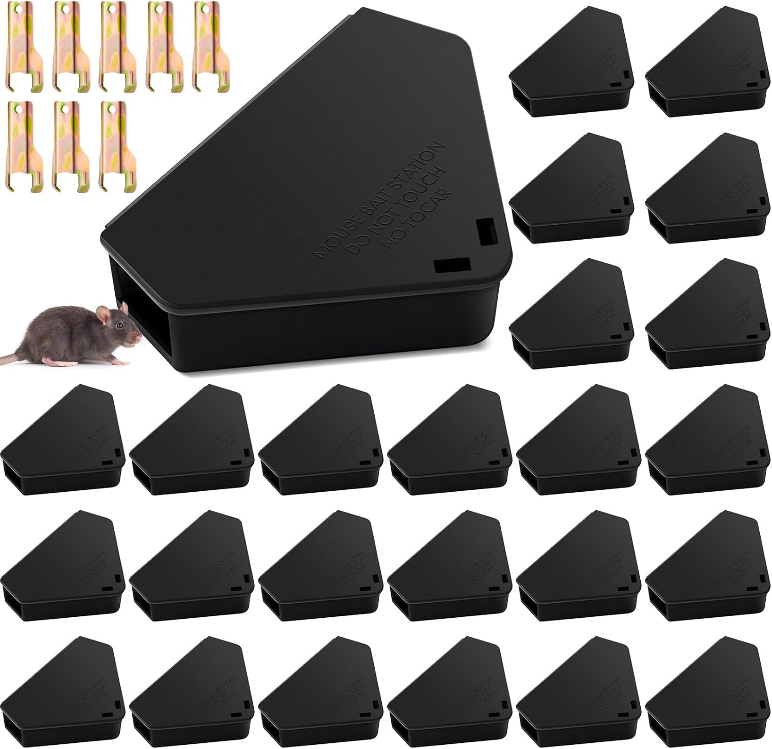 Qualirey 24 Pcs Mice Station with Key Triangle Mouse Station Reusable Rodent Trap Box, Keeps Children and Pets Safe Indoor & Outdoor Suitable for Small Mice (Black)