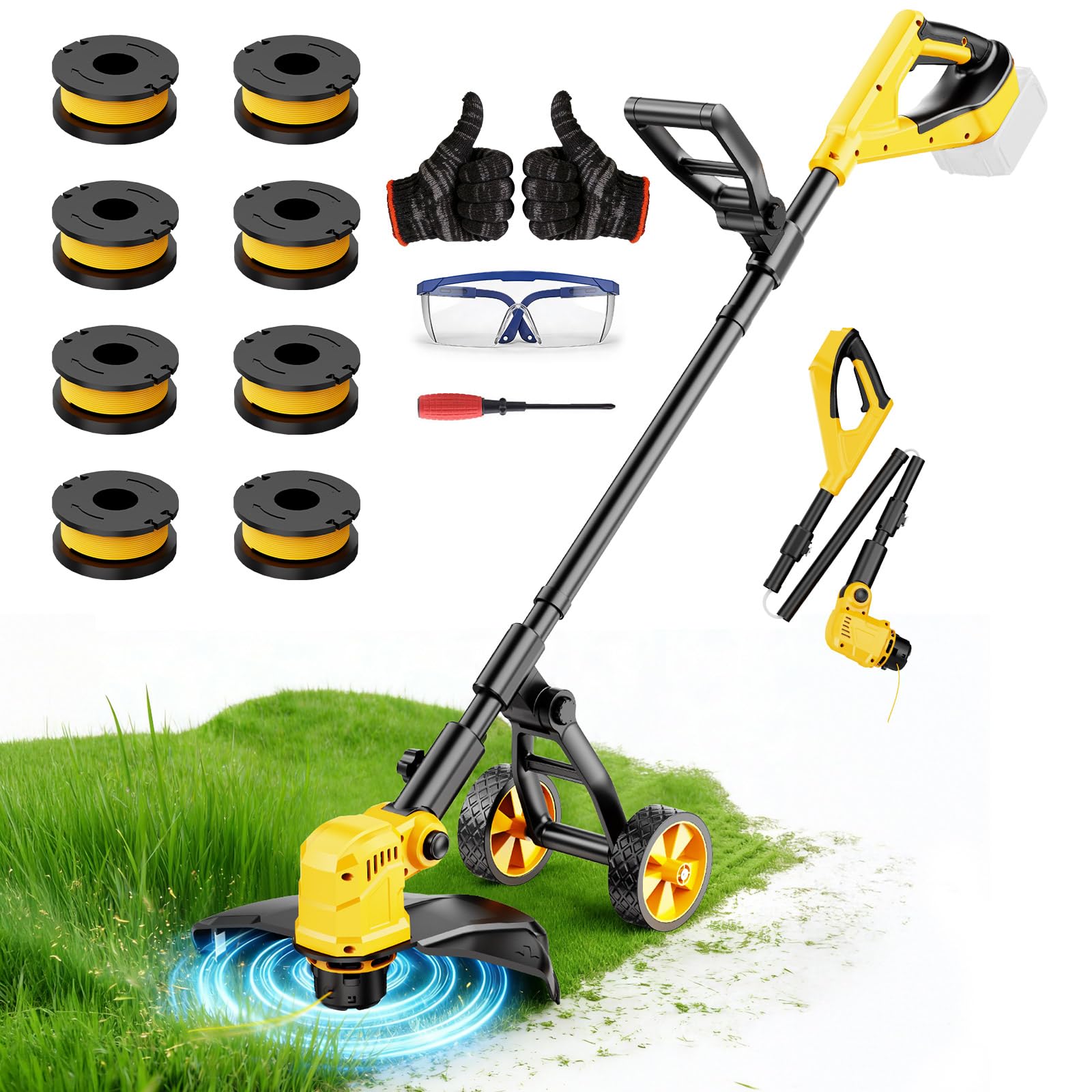 Photo 1 of Cordless String Trimmer for Dewalt 20v Battery Powered(No Battery),3-in-1 Cordless Grass Trimmer Electric Weed Wacker Lawn Edger, Weed Eater Cordless Weed Trimmer with Wheel & 8 Spool (Yellow)