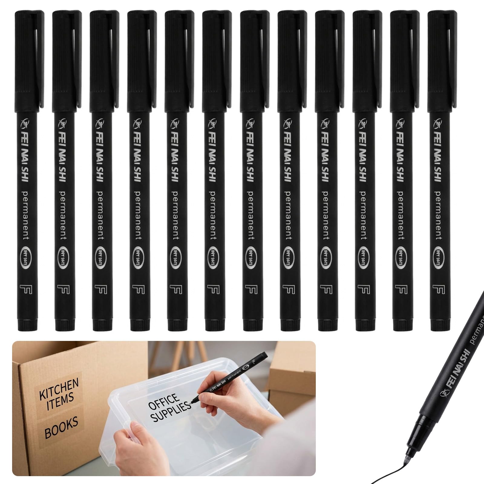 12 Pcs Black Fine Point Permanent Marker Pens, Quick Drying & Waterproof Fineliner Pens, Fine Point Markers, for Plastic, Glass Ceramic Paper, Metal, Wood, Labelling, Office and School Use (0.6mm)