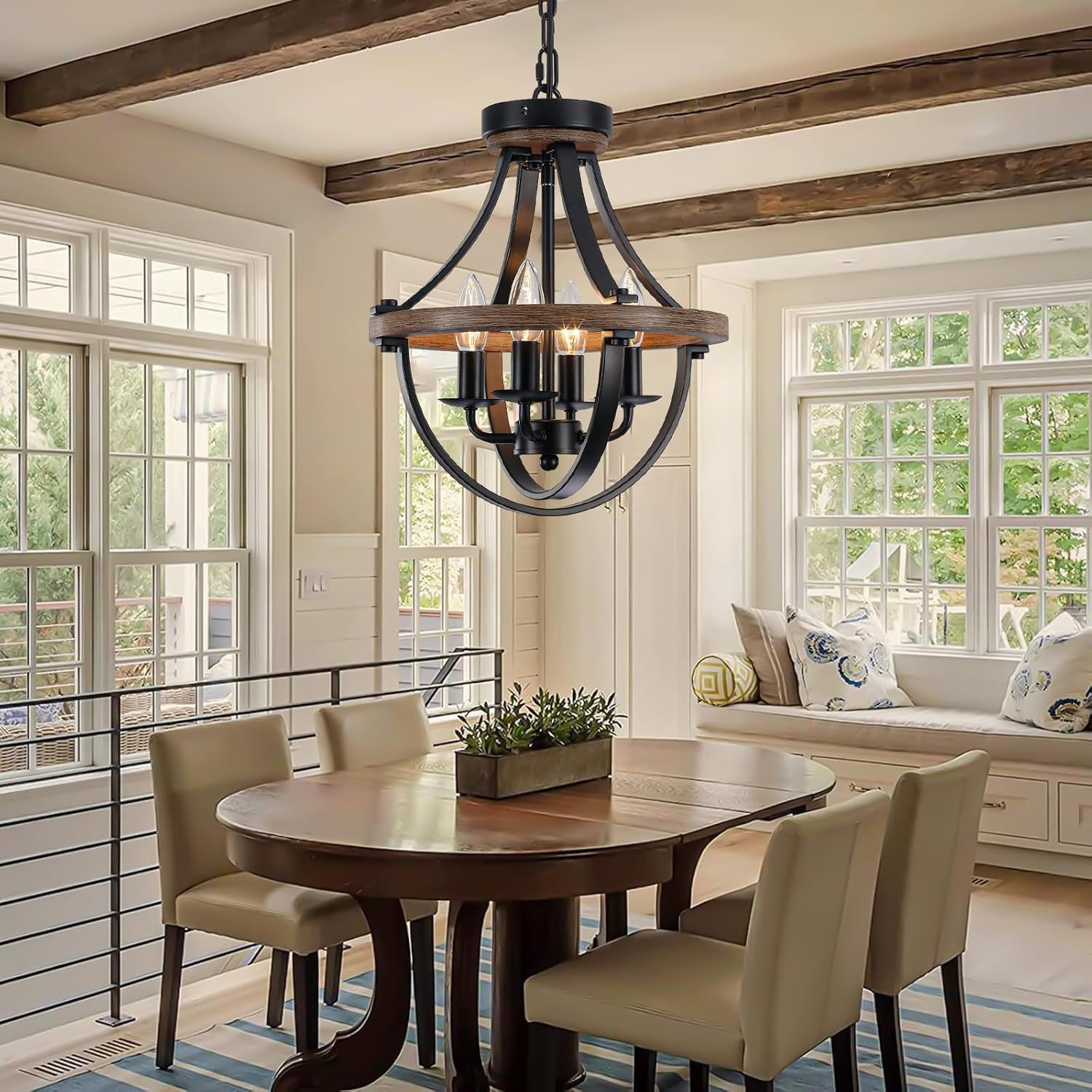 Plug in Wood Chandelier, 4-Light Rustic Dining Room Light Fixture, Farmhouse Chandelier Adjustable Height,Pendant Lighting for Kitchen Island Foyer Living Room Hallway