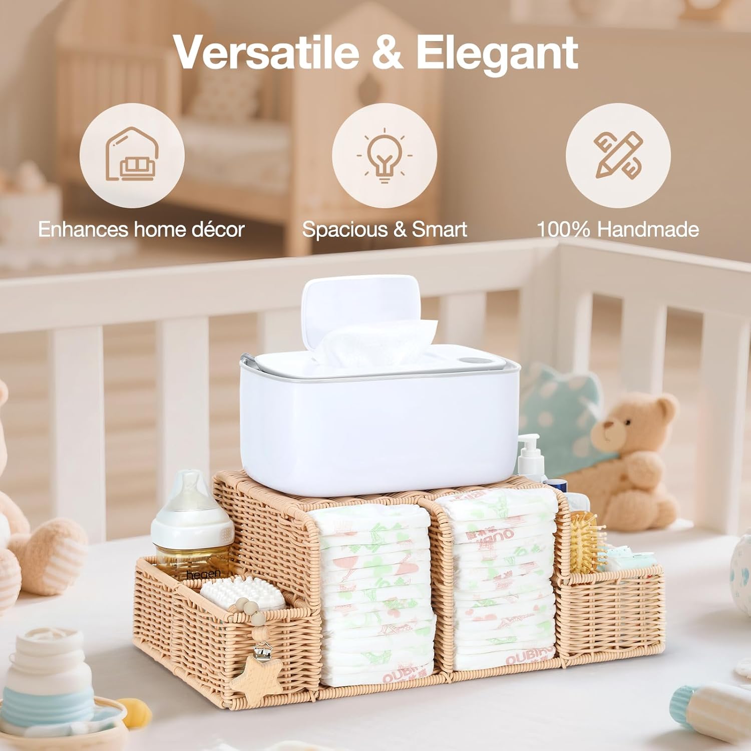 Diaper Caddy Organizer, Hand Rattan Nursery Storage Basket for Baby Essentials, Baby Changing Table Organizer Perfect Nursery Assistant (Natural Woven, L)