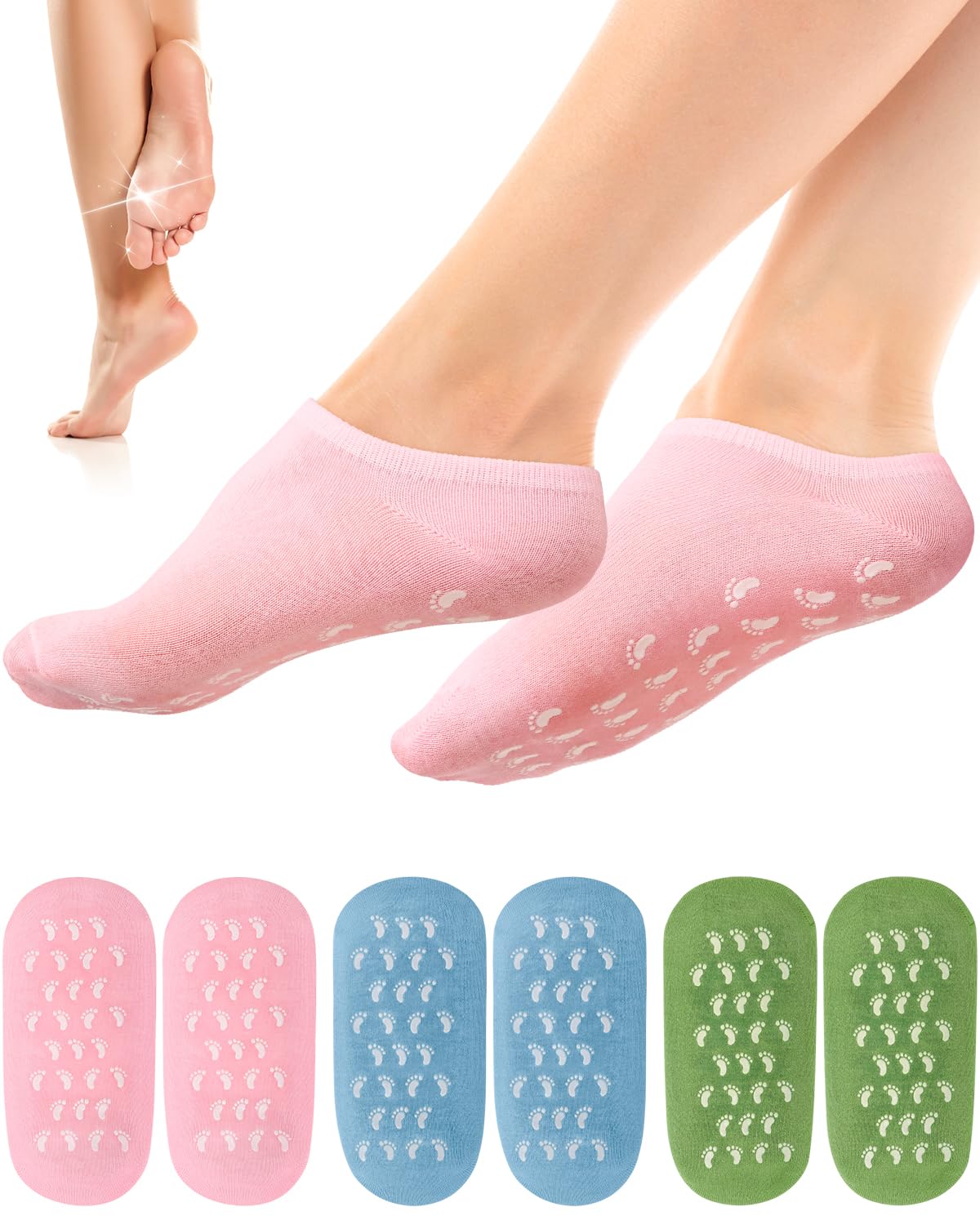 Uwbettry 3Pairs Moisturizing Socks, Non Slip Gel Socks Moisturizing Spa Socks for Women, Soft Gel Sleeping Fuzzy Socks for Repairing and Softening Dry Cracked Feet Skins(Pink, Blue, Green)