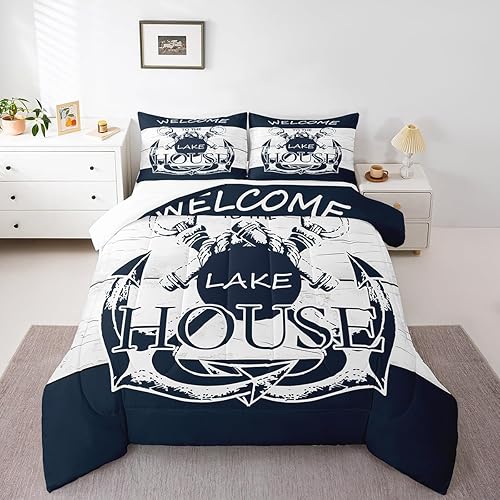 Castle Fairy Lake House Themed Comforter Set Queen Size,Nautical Anchor Go Boati