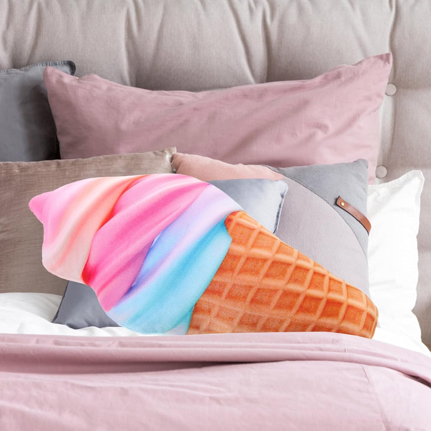 LOGOFUN Plush Ice Cream Cone Pillow Stuffed Ice Cream Sofa Cushion Cartoon Ice Cream Doll Shaped Throw Pillow for Home Office Sofa Decoration - 46CM