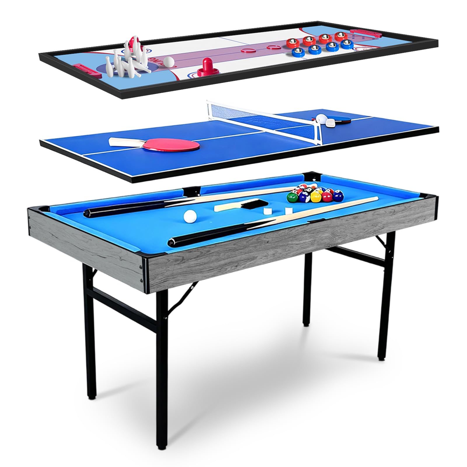Multifunktions-Spieltisch 5 in 1 Klappbar mit Komplett-Zubehör, Multi-Game Tisch Billard, Tischtennis, Air Hockey, Bowling & Shuffleboard, Platzsparender Indoor Spieltisch für Wohnzimmer
