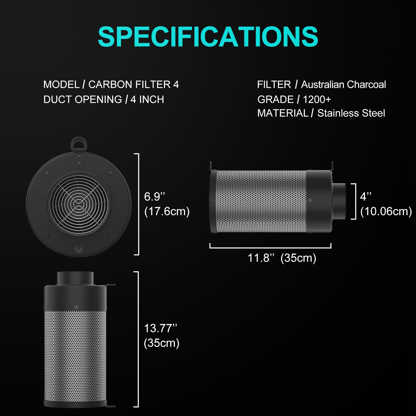 Filtro de Carbono de Aire+Ventilador de 4 Pulgadas, Filtro de Carbono 2 en 1 con Ventilador Incorporado. Carbón Virgen Australiano, Filtro de Carbono para Tienda de Cultivo, hidroponía, con