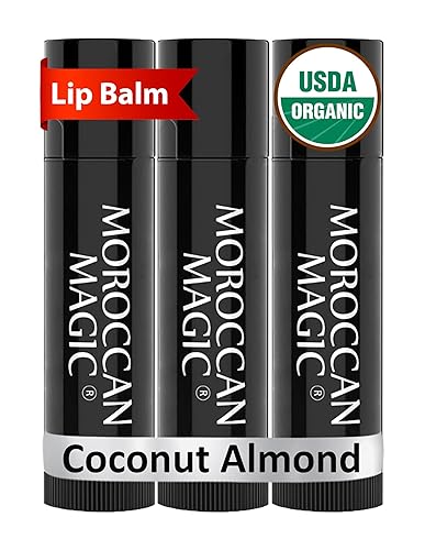 Moroccan Magic Bálsamo labial orgánico de coco y almendra, paquete de 3  Hidratante labial de argán y aceite esencial ultra hidratante + vitamina E