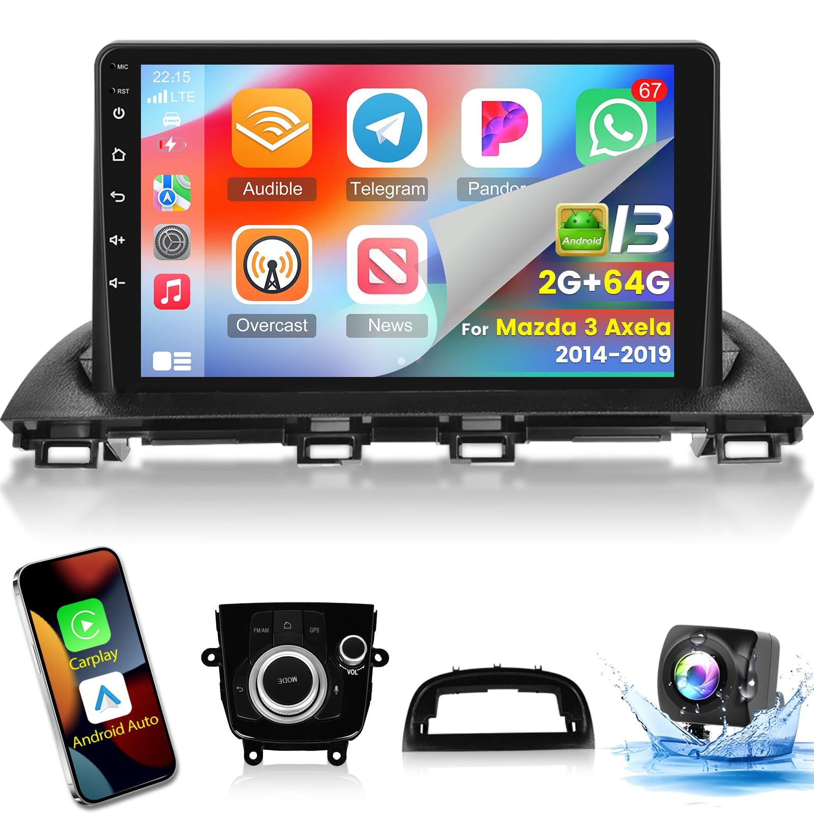 Photo 1 of [2+64G] for Mazda 3 Axela 2014-2019 Android Car Radio with Wireless Carplay and Android Auto - 9 Inch Touch Screen Car Stereo - DSP/Multiple UI/WiFi/GPS/SWC + AHD Backup Camera