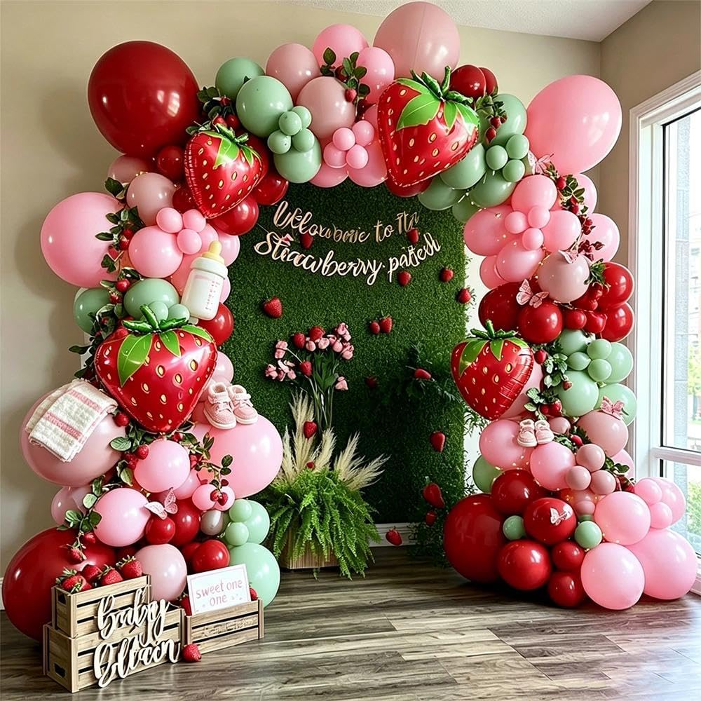 Arco a palloncino a forma di fragola, doppio farcito rosa pastello, rosso scuro, verde, in lattice, kit per baby shower con bacche, primo compleanno, matrimonio, decorazione per feste nuziali