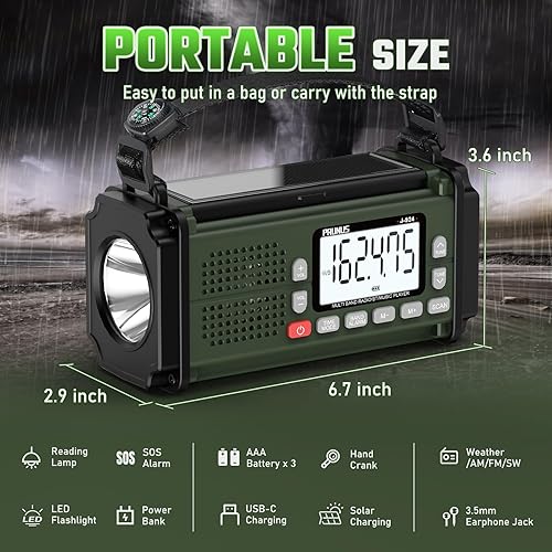 Miniatura 5 de PRUNUS J-924 10000mAh37000mWh Radio de manivela, pilas AAA, radio de emergencia solar, radio meteorológica NOAA AMFMSW, carga USB, antorcha y luz de