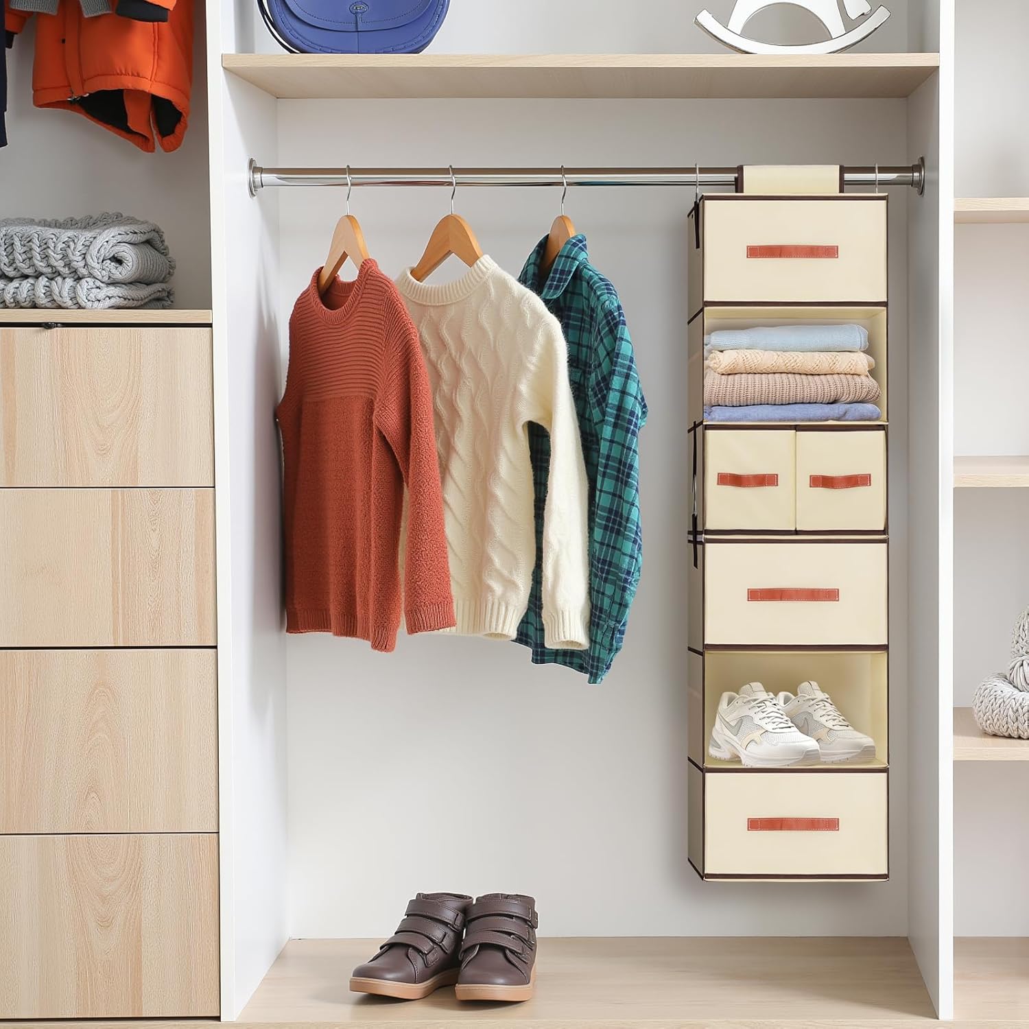 Hanging Closet Organizer 6-Shelf, Upgrade Hanging Shelves for Closet with 5 Removable Drawers & Side Pockets, Hanging Shelf Organizer for Bedroom or Garment Rack, 12.6'' x 12.6'' x 44.1'', Beige - Image 2