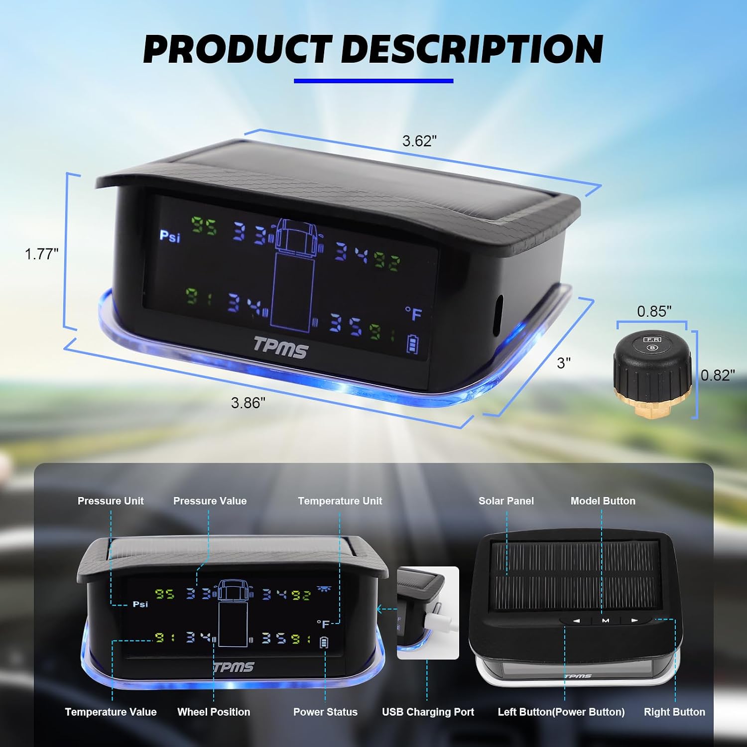 Tire Pressure Monitoring System Solar LCD Display TPMS 4 Sensors Wireless Real-time Monitoring Pressure and Temperature Minder (0-217 PSI) for RV Van Travel Motorhome Pickup Truck Commercial Vehicle