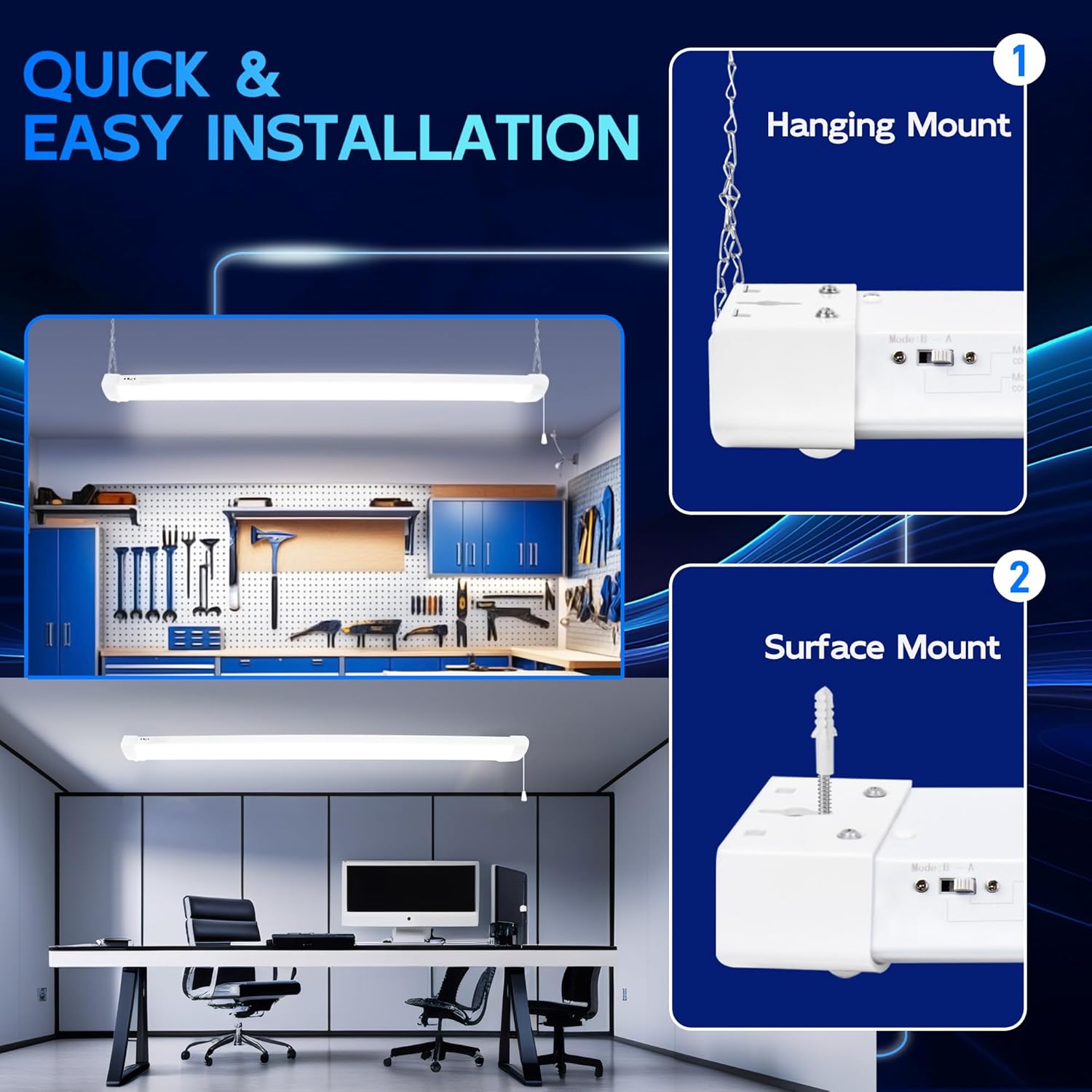 hykolity Pir Sensor 4FT 120W LED Shop Light, 12000lm(370w Equivalent), 5000K Daylight, Motion Activated, Hanging or FlushMount, with Power Cord, for Garages, Workshops, ETL, 2 Pack
