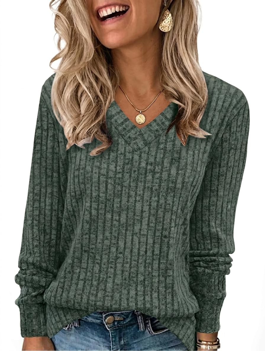 Chicrise Langarmshirt Damen V-Ausschnitt Strick Pullover Gestreift Lässig | herbst,v-ausschnitt,langarm,elegant,gerippte,rippstrick,strick,oversize,thermo,weich,elastisch,bequem,leichte,basic,lässig