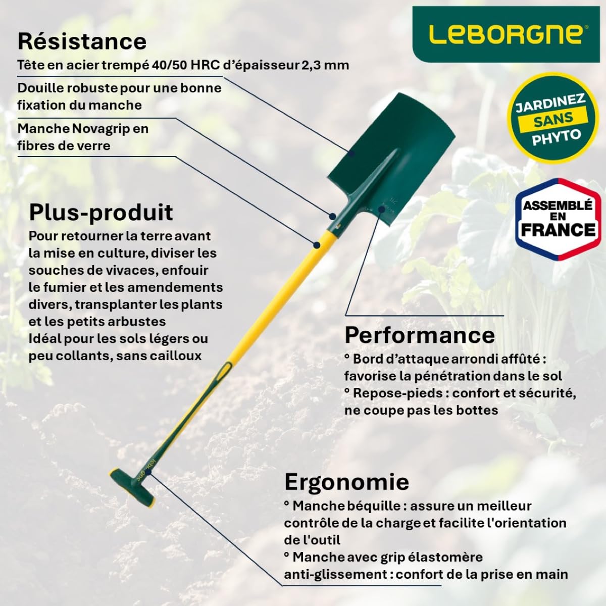Leborgne, Bêche à rebord manche novagrip pomme 100 cm, Tête Acier Trempé, Bord Arrondi, Repose-Pieds, Douille robuste, Conseillées pour les sols légers ou peu collants, sans cailloux