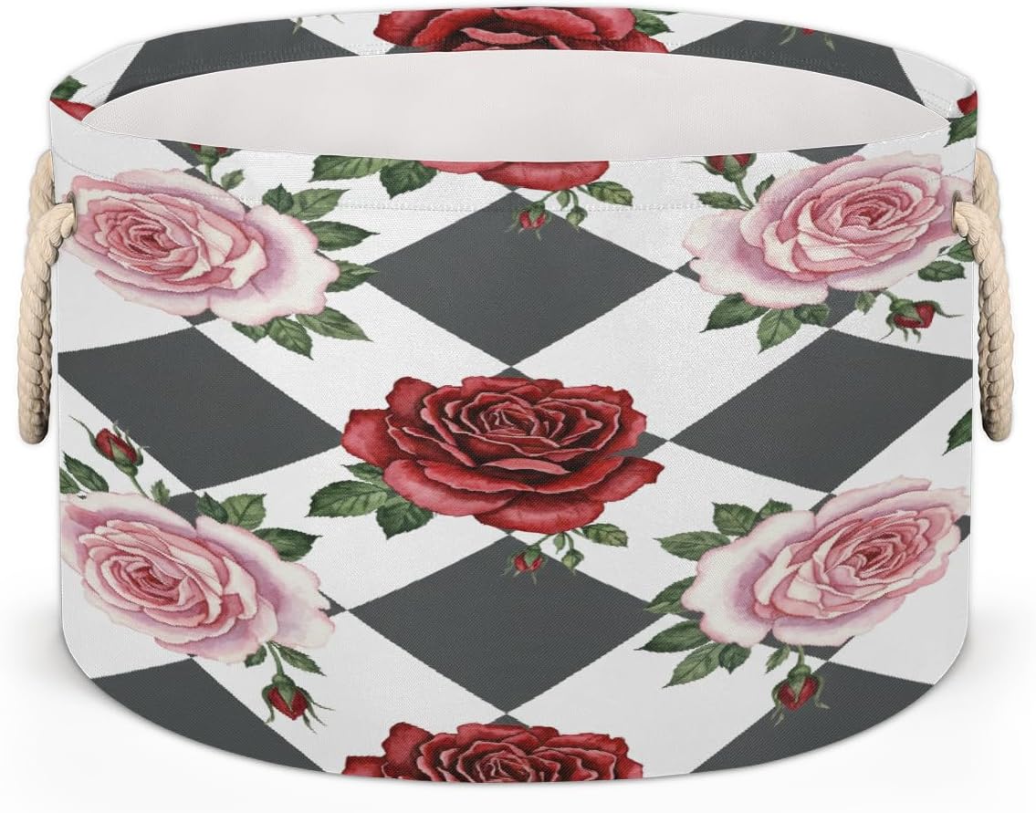 Large Storage Baskets - Red Rose Checkered Nursery Round Collapsible Organizer Bin Box, Laundry Hamper for Kids Toys, Blanket, Bedroom Living Room Home Decor, Gift Basket, 19.4"x13.3"