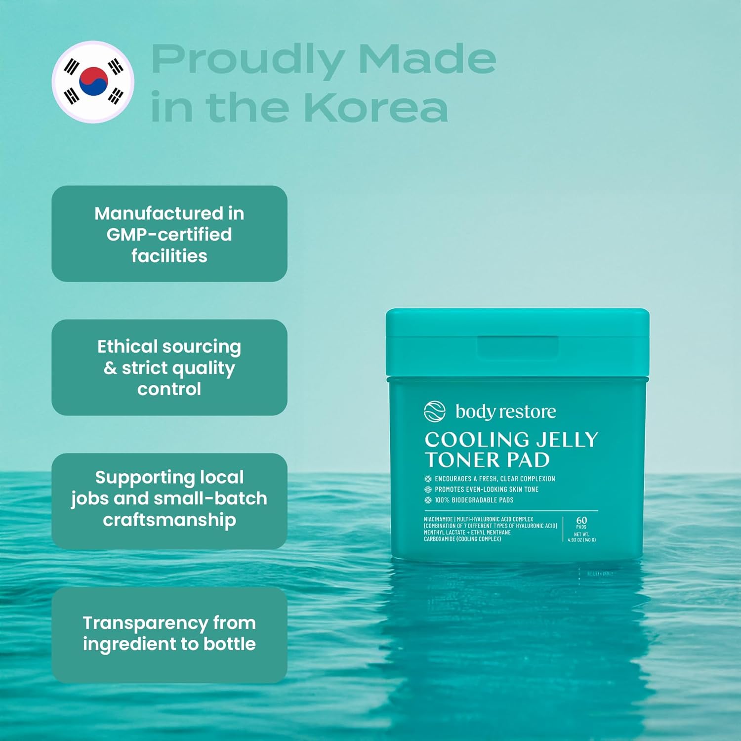 Body Restore Niacinamide Cooling Jelly Toner Pads (60 Count) – Korean CICA Toner Pads with 7 Types of Hyaluronic Acid & Adenosine – Hydrating, Pore Care, Cooling Face Pads – Made in Korea - Image 4